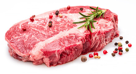 Raw ribeye steak with pepper corns and rosemary isolated on white background.