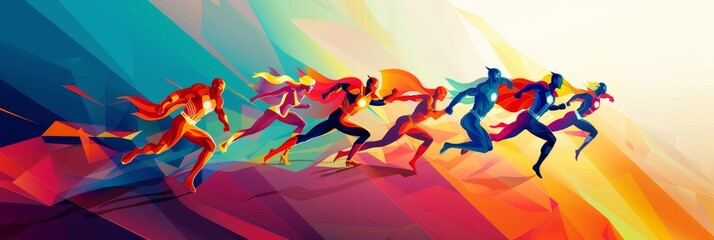 A colorful image of a group of people running, with the word 