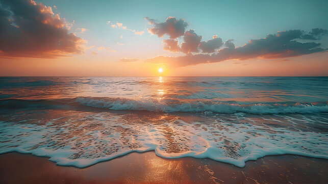 The serene early morning on a beach, with long exposure capturing the gradual color change in the sky and the peaceful ocean waves - Powered by Adobe