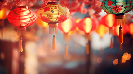 colorful lanterns at night, thailand.