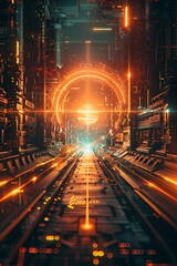 A futuristic cityscape with a glowing circle in the center