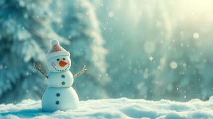 Fototapeta premium A snowman in the middle of a snowy landscape, full body, wearing a scarf and hat, smiling face, snow covered pine trees, foggy sky