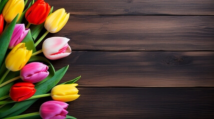 colorful tulips on wooden background. copy space. top view. spring or easter background with flowers. spring flowers.