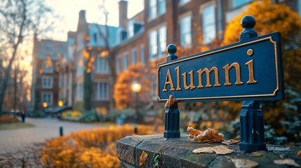 ALUMNI sign in front of an academic building - obrazy, fototapety, plakaty