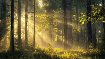 Tranquil forest scene on a misty morning with sun