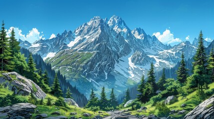 Obraz premium Place: A coloring book illustration of a majestic mountain peak