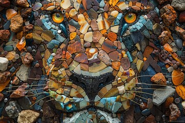 A mosaic lion with a stone nose and a stone mouth