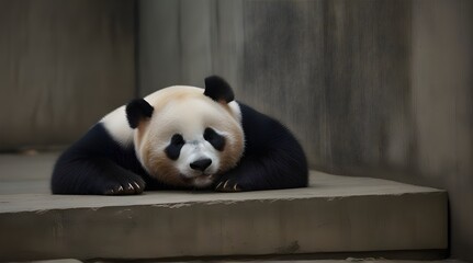 Solitary panda sleeping in concrete enclosure Chengdu