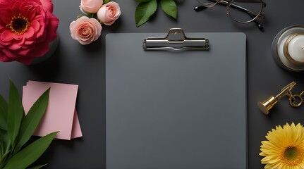 Modern business woman desk Gray clipboard blank paper .Generative AI