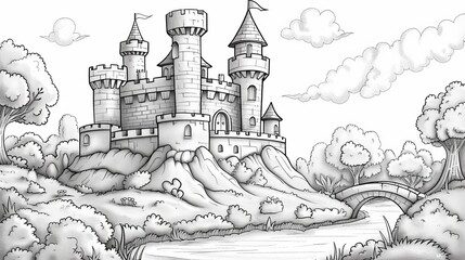 Fototapeta premium Place: An enchanting coloring book illustration of a fairy-tale castle perched on a hill