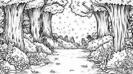 Place: An enchanting coloring book page featuring a magical forest