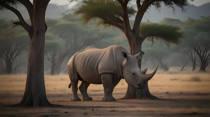 Lonely rhino on tree .Generative AI - obrazy, fototapety, plakaty