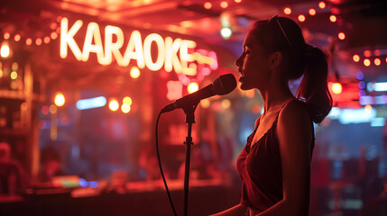 Young woman singing into microphone against the neon-lit backdrop of karaoke bar. Karaoke Night Performance - 791966429