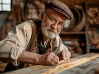 A man in a hat and glasses is working on a piece of wood. He is focused on his task and he is enjoying himself - Powered by Adobe