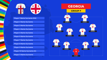 T-shirt and flag. Lineup of the Georgia national football team. Football field with the formation of Georgia players at the European tournament 2024. Vector illustration.