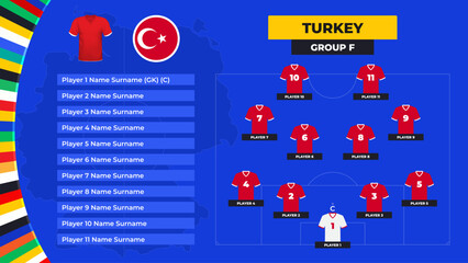 T-shirt and flag. Lineup of the Turkey national football team. Football field with the formation of Turkey players at the European tournament 2024. Vector illustration.