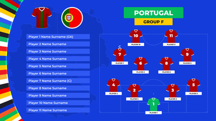 T-shirt and flag. Lineup of the Portugal national football team. Football field with the formation of Portugal players at the European tournament 2024. Vector illustration.