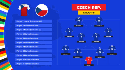 T-shirt and flag. Lineup of the Czech Republic national football team. Football field with the formation of Czech players at the European tournament 2024. Vector illustration.