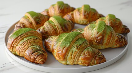 Artisanal display of mixed Matcha Croissants, each with a vibrant green hue, dusted with fine matcha powder, served on a minimalist white plate , 3DCG
