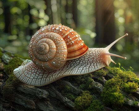 A serene SnailEagle basking in the morning sun on a mosscovered log, its shell adorned with dewdrops, exuding a sense of peace and solitude , 3D render