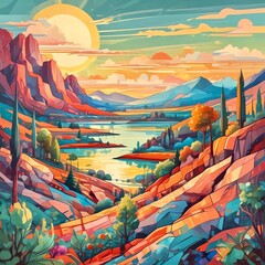 landscape with sun glare, cubism 