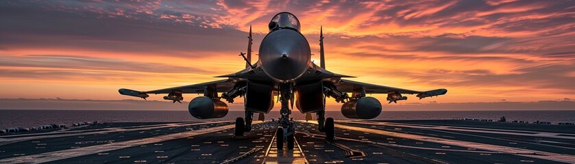 Closeup of a fighter jet on an aircraft carrier at sunset, highlighting detailed cockpit technology and powerful engine against a dramatic sky , up32K HD - obrazy, fototapety, plakaty