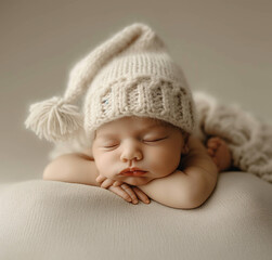 Serene newborn baby sleeps on his side, adorned in a cozy knitted hat
