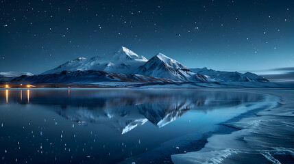 The smooth surface of a glacier under the northern lights, using long exposure to capture the lightsa?? reflection on the ice