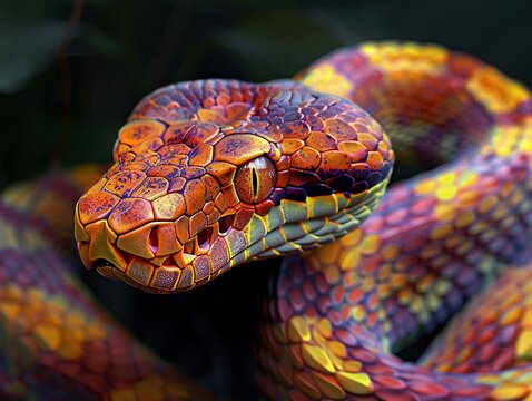 Closeup of a Hydra Snake, each head featuring distinctly vibrant scale patterns, intense focus, isolated on a dark, ominous background , unique hyper-realistic illustrations