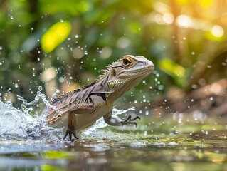 Dynamic shot of a mixed Basilisk Lizard sprinting across water, splashes visible, lush jungle background, vibrant sunlight , professional color grading - obrazy, fototapety, plakaty