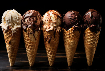 ice cream filled cones filled with chocolate ice cream on a table сreated with Generative Ai