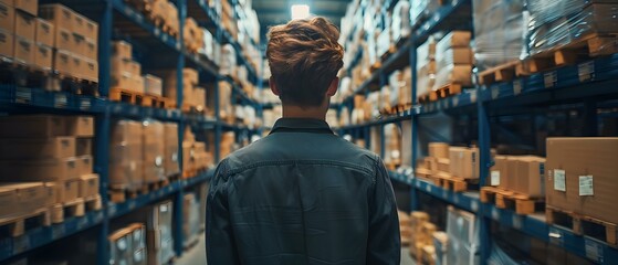 Man checking inventory in warehouse. Concept Warehouse Management, Inventory Control, Stock Monitoring, Logistics Efficiency, Supply Chain Optimization
