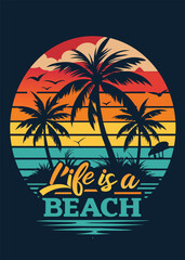 Fototapeta na wymiar Sunny Shoreline: A T-Shirt Style Design with Beach and Palm Trees