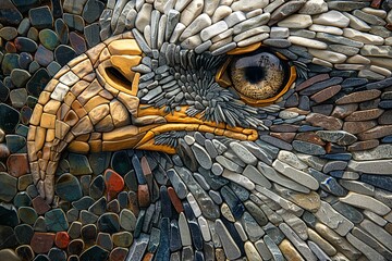 A mosaic eagle with a large, yellow eye