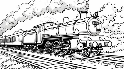 Vehicles: A coloring book page with a classic steam train chugging along on railroad tracks