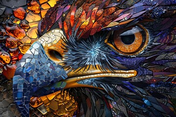 A colorful and intricate eagle head with a blue eye