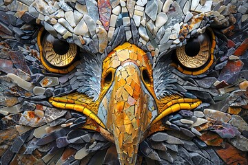 A close up of an eagle's face made of small pieces of stone