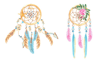 Dream catchers set with feathers, sea shell and sea star, crystals, beads and rose hip, dog rose flowers and branches. Watercolor hand drawn illustration isolated on white background.