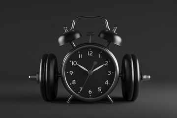 Alarm clock with dumbbells on dark background. Working out concept, fitness, sport activity, healthy lifestyle theme, consistency in workouts, equipment for home workouts or exercises in a gym.
