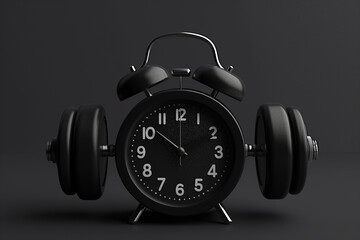 Alarm clock with dumbbells on dark background. Working out concept, fitness, sport activity, healthy lifestyle theme, consistency in workouts, equipment for home workouts or exercises in a gym.