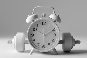 Alarm clock with dumbbells on light background. Working out concept, fitness, sport activity, healthy lifestyle theme, consistency in workouts, equipment for home workouts or exercises in a gym.