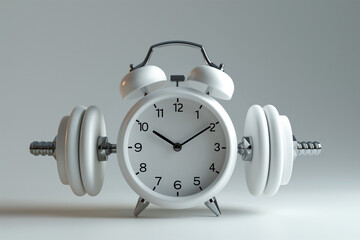 Alarm clock with dumbbells on light background. Working out concept, fitness, sport activity, healthy lifestyle theme, consistency in workouts, equipment for home workouts or exercises in a gym.