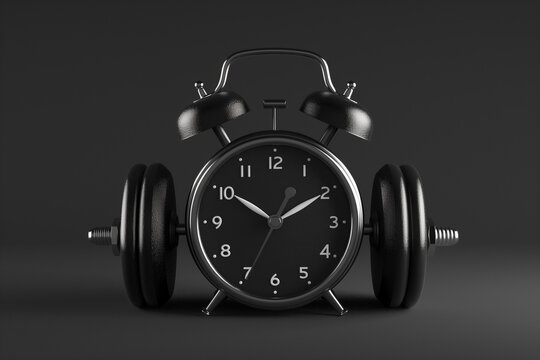 Alarm clock with dumbbells on dark background. Working out concept, fitness, sport activity, healthy lifestyle theme, consistency in workouts, equipment for home workouts or exercises in a gym.