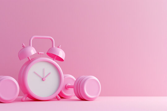 Alarm clock with dumbbells on pink background. Working out concept, fitness, sport activity, healthy lifestyle theme, consistency in workouts, equipment for home workouts or exercises in a gym.