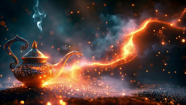 Arabian genie lamp Emitting Mystical Golden swirl of shining sparks and smoke