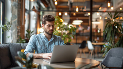 Professional Man Using Laptop To Work From Coworking Space With Modern Interior Design.