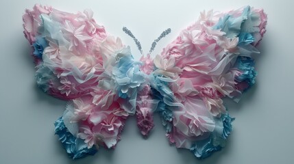   A butterfly composed of pink, blue, and white ruffles against a light gray backdrop; a diamond nestled in its center wings - obrazy, fototapety, plakaty