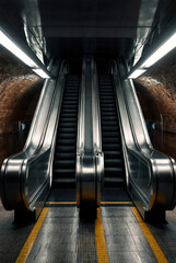 An empty escalator in subway metro. Transportation of people up and down stairs. Escalators without...