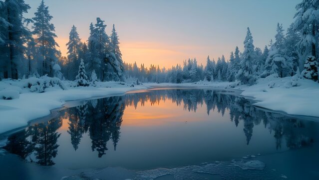 Tranquil Frosty Scene: Snowy Forest Reflected in Icy Waters at Dusk. Concept Winter Wonderland, Serene Reflections, Nature Photography, Dusk Landscapes, Snowy Forest