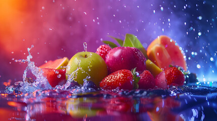 Different falling fruits and splashing water on black background